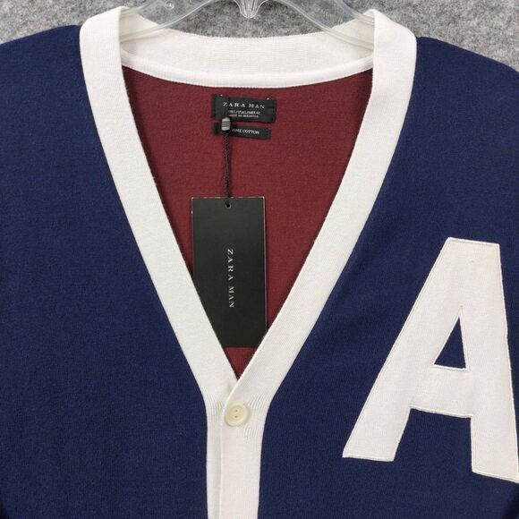 ZARA MAN Varsity Letter Cardigan Large Navy Blue Burgundy Colorblock Sweater - Picture 3 of 10